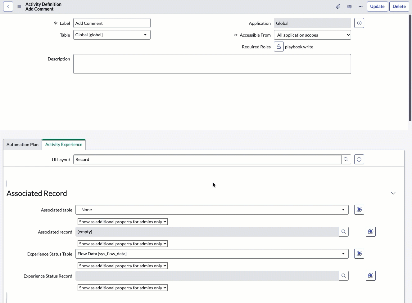Use o seletor de cápsula de dados para adicionar uma tabela e um registro associados à sua definição de atividade.