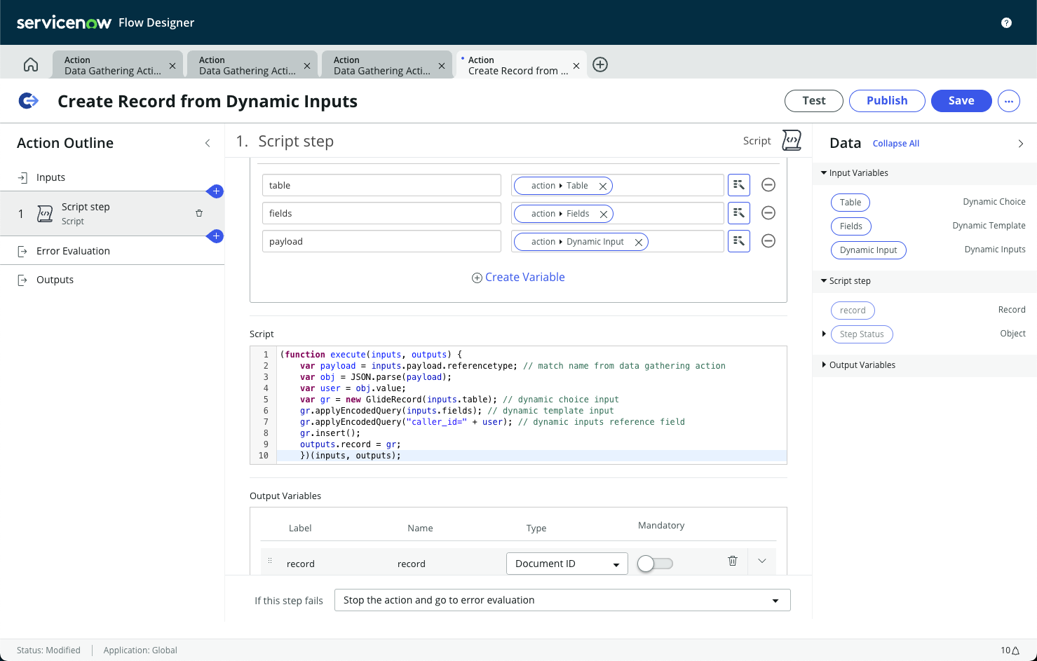 Exemplo de configuração de etapa de script das etapas 4 a 5