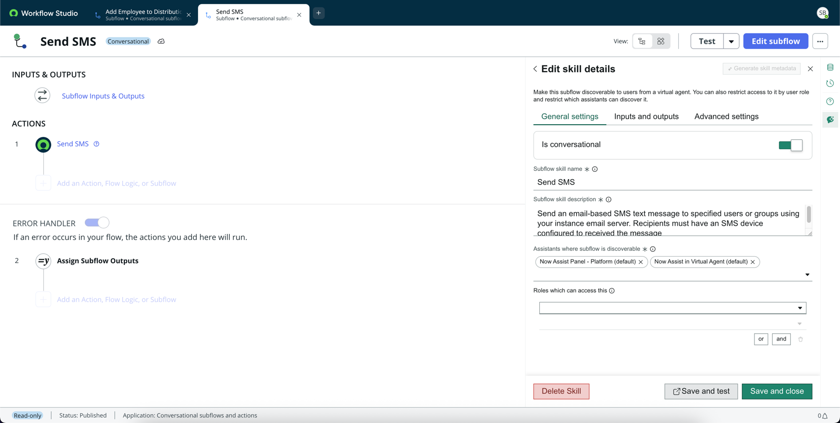 Configurações de conversa para o subfluxo de envio de SMS pré-configurado.