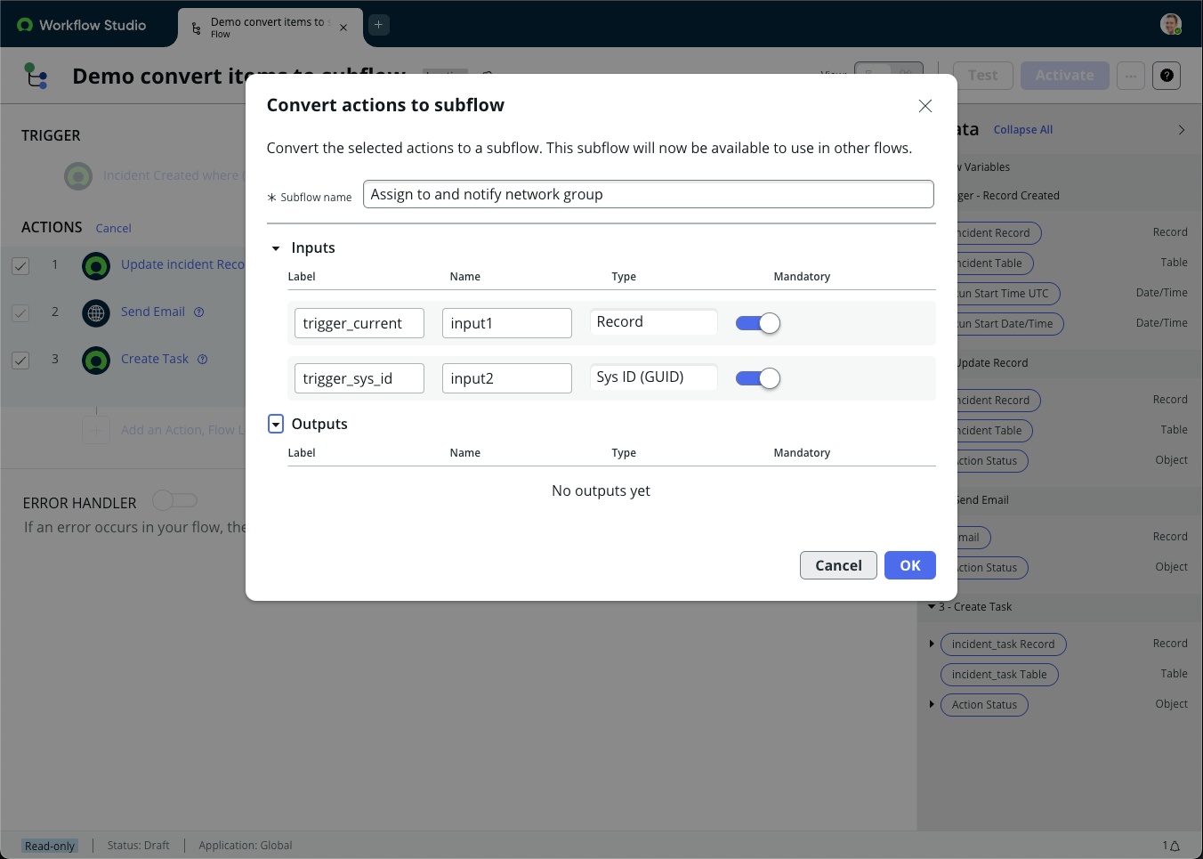 Caixa de diálogo Converter ações em subfluxo com um nome de subfluxo de exemplo de grupo de rede Atribuir a e Notify.
