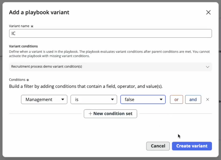 Condições para a variante IC de um playbook de recrutamento