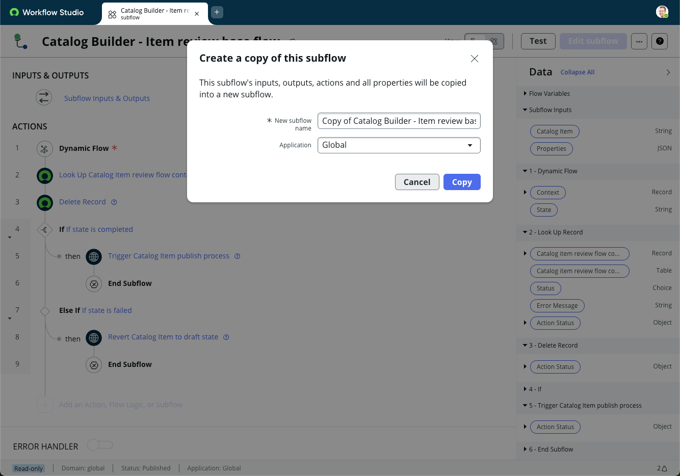 Copiando um subfluxo de revisão de item.