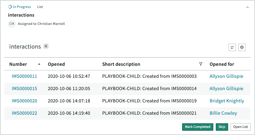 Cartão do Playbook exibindo um botão Abrir lista