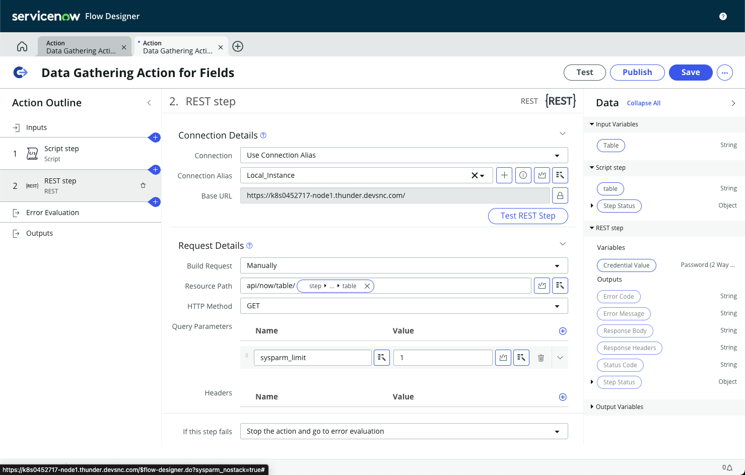 Exemplo de configuração da etapa REST da etapa 7