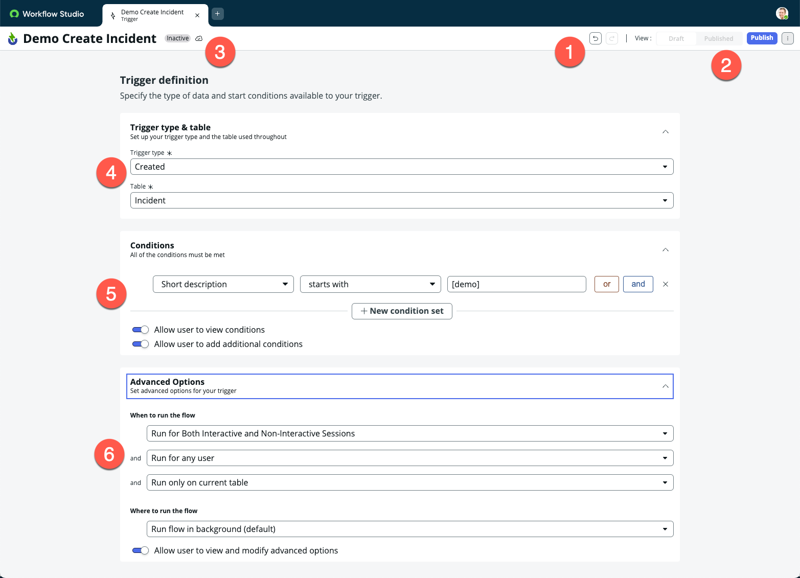 Interface para configurar o gatilho com textos explicativos numerados para elementos de IU específicos. Para obter uma descrição dos elementos de IU, consulte a lista no texto a seguir.