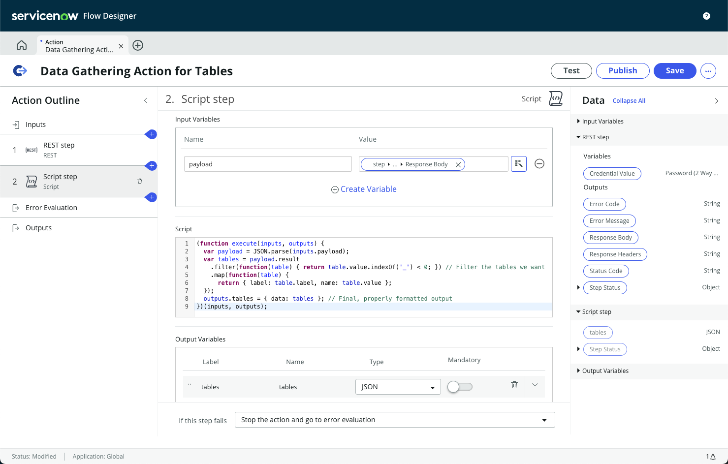 Configuração de etapa de script de exemplo da etapa 5