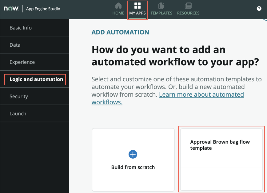 Criar fluxo a partir do modelo em App Engine Studio.