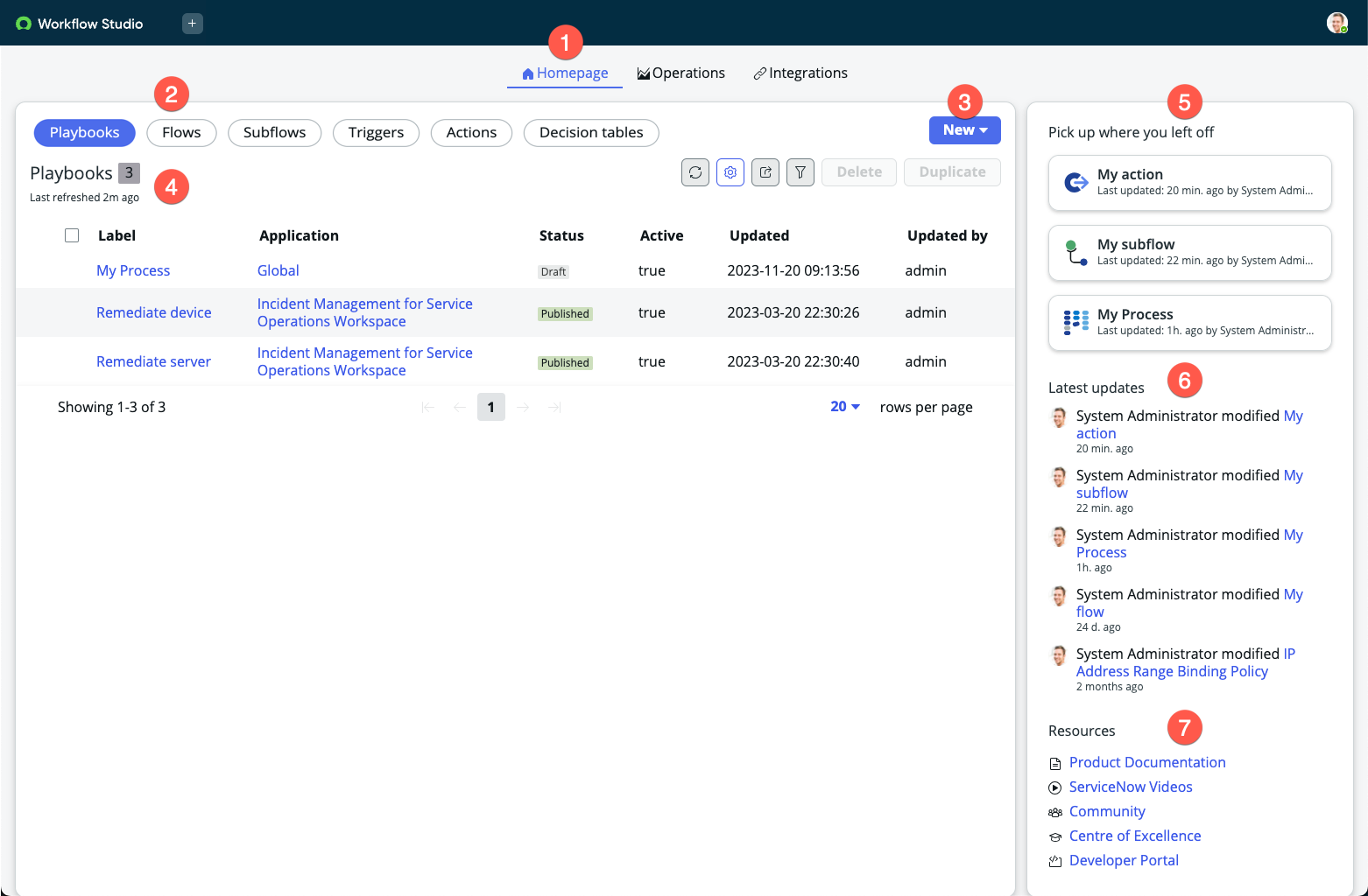 Partes da página inicial do Workflow Studio.