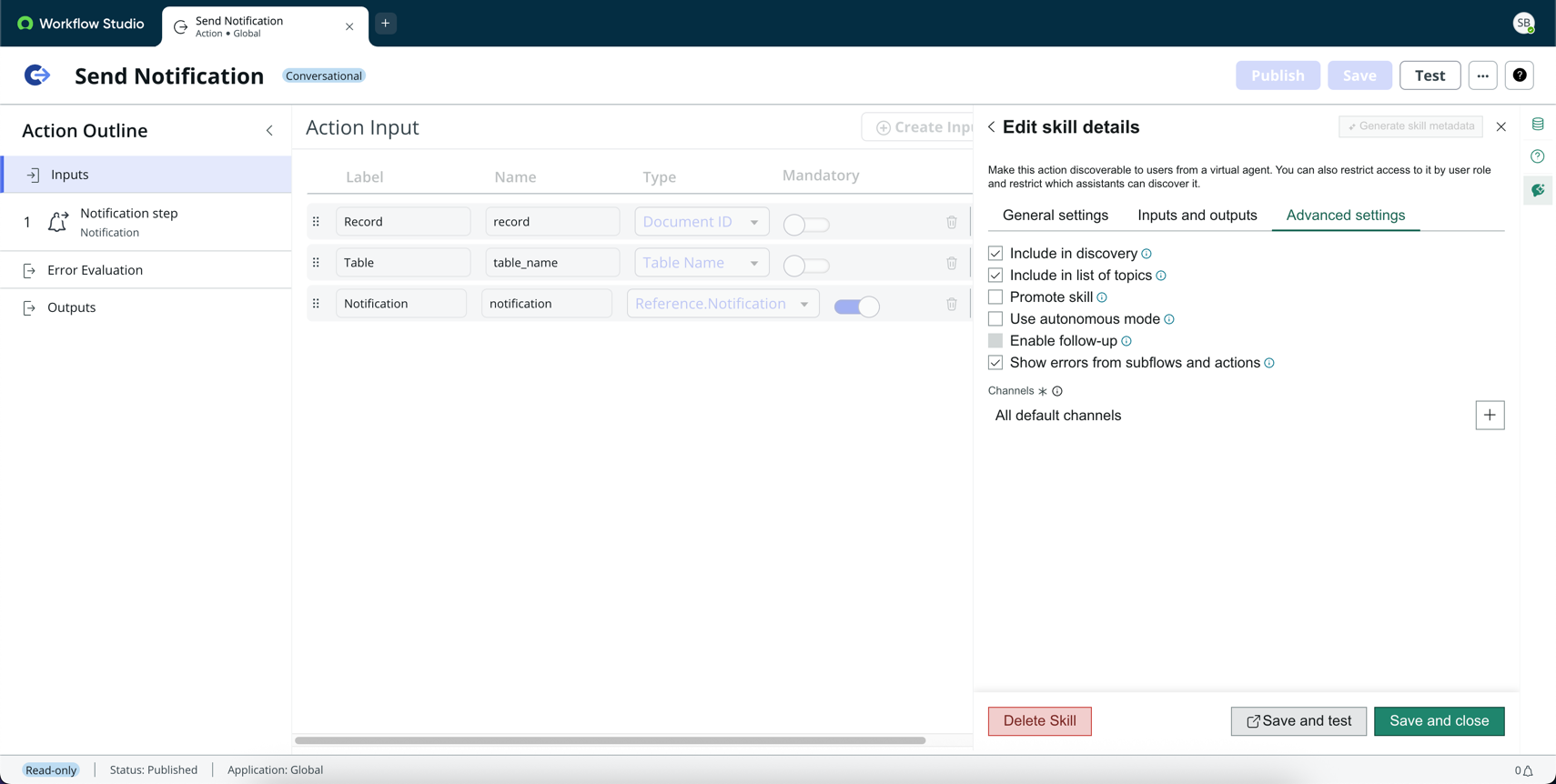 Exemplo de configurações avançadas para a ação Enviar notificações.
