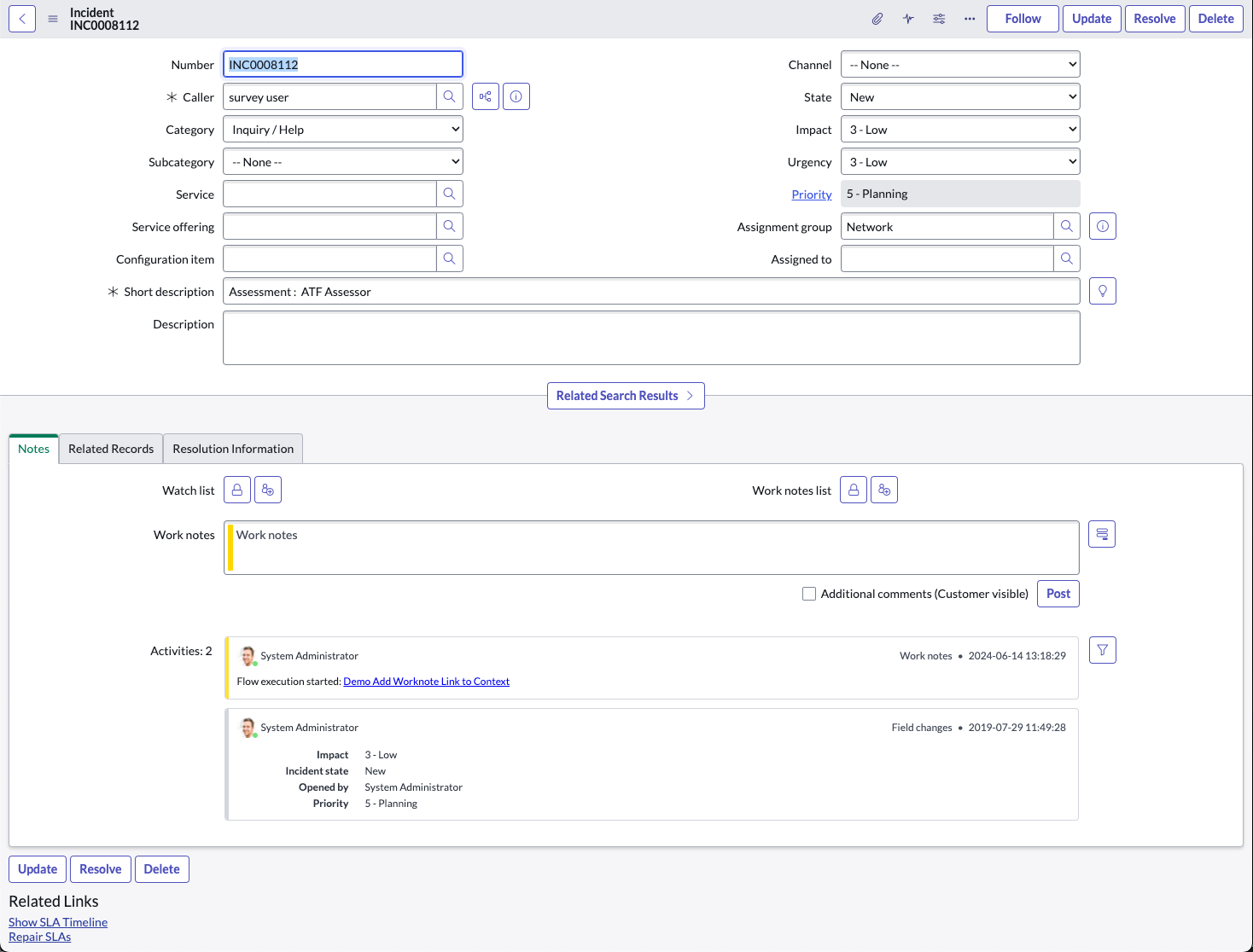 Registro de incidente com um link para os detalhes de execução do fluxo para o fluxo de demonstração Adicionar link de anotação de trabalho ao contexto