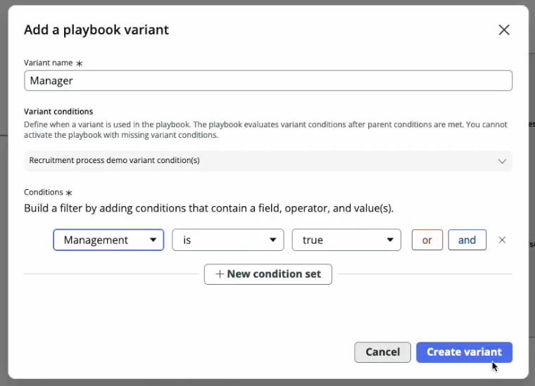 Condições para a variante de gerente de um playbook de recrutamento