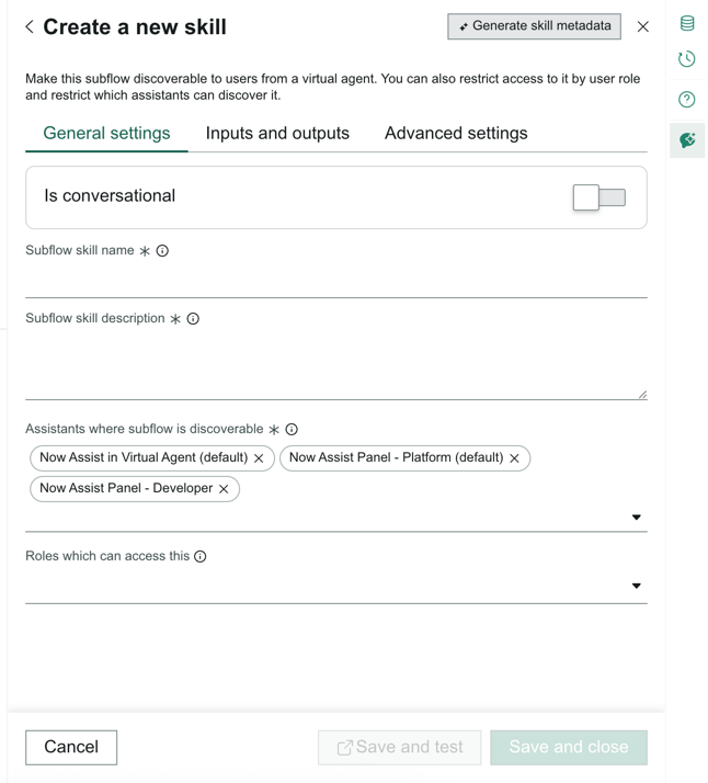 Opção para gerar descrições para a habilidade e as entradas e saídas usando a IA generativa.