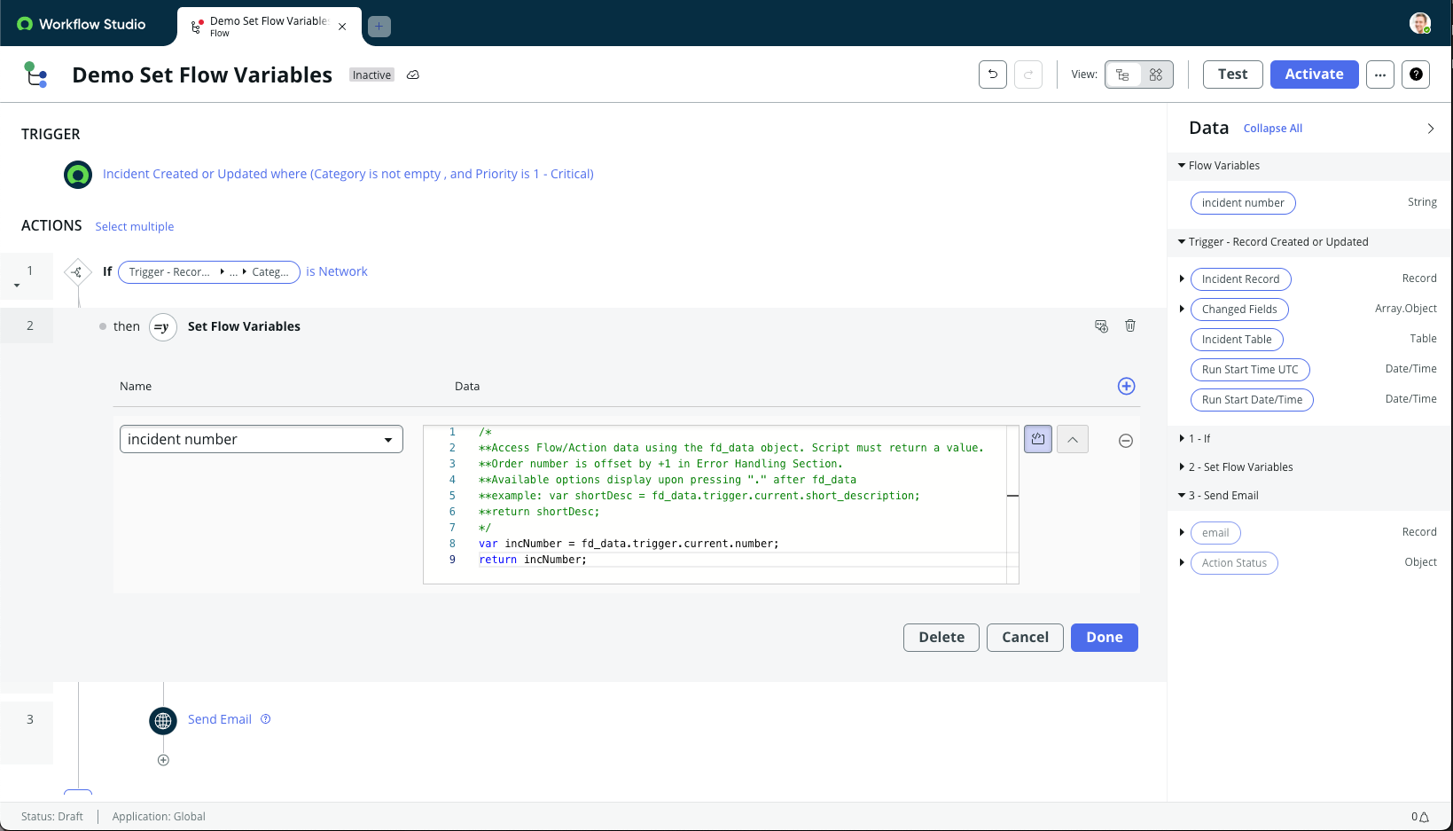 Use um script para definir uma variável de fluxo.