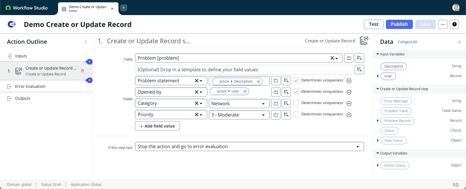 Configuração da etapa Criar ou atualizar registro