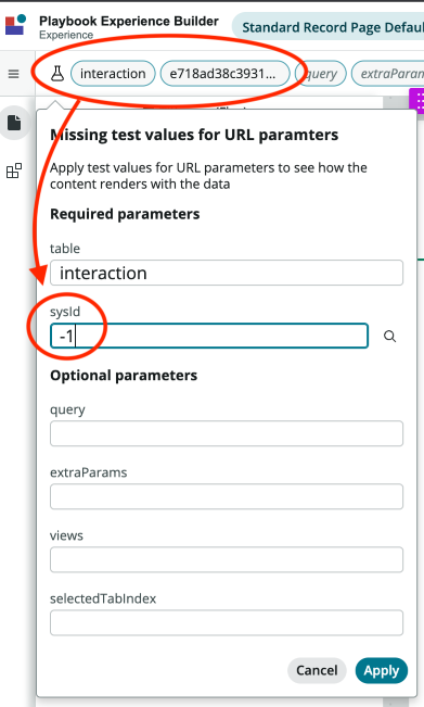 Valores de teste para sua experiência de playbook, com a tabela e o SYSID.