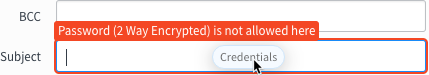 O aviso mostrado ao arrastar um campo password2 para um campo não permitido.