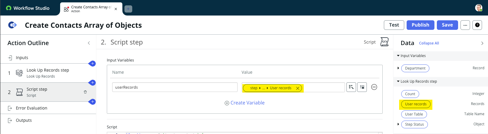 Configure a variável de entrada Etapa de script para usar a cápsula de dados Registros do usuário da etapa Pesquisar registros.