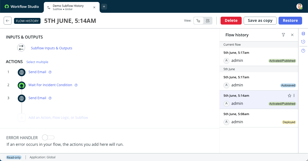 Entrada de histórico de fluxo para 5 de junho, 5:14 AM com opção de restaurar