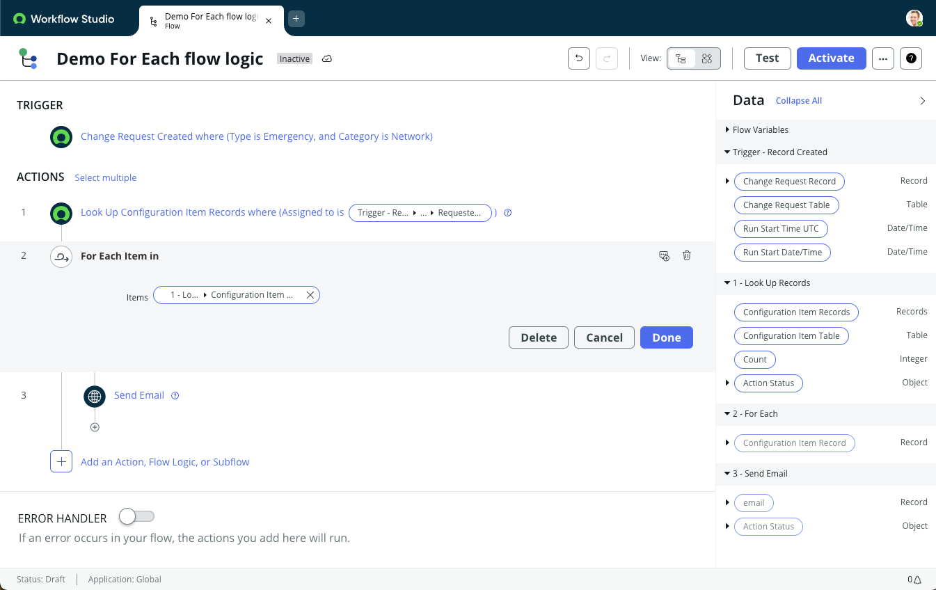 Para cada lógica de fluxo usando uma lista de registros de Item de configuração