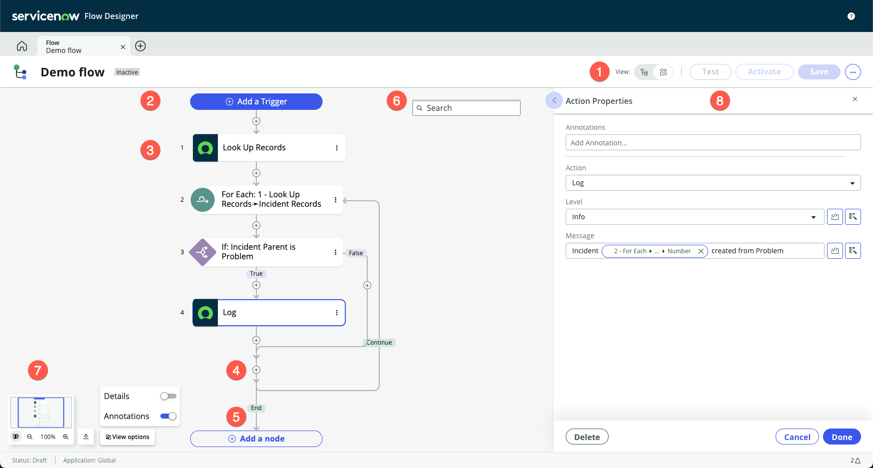 Fluxo de exemplo que exibe os oito componentes da interface do usuário da exibição de diagramação de fluxo
