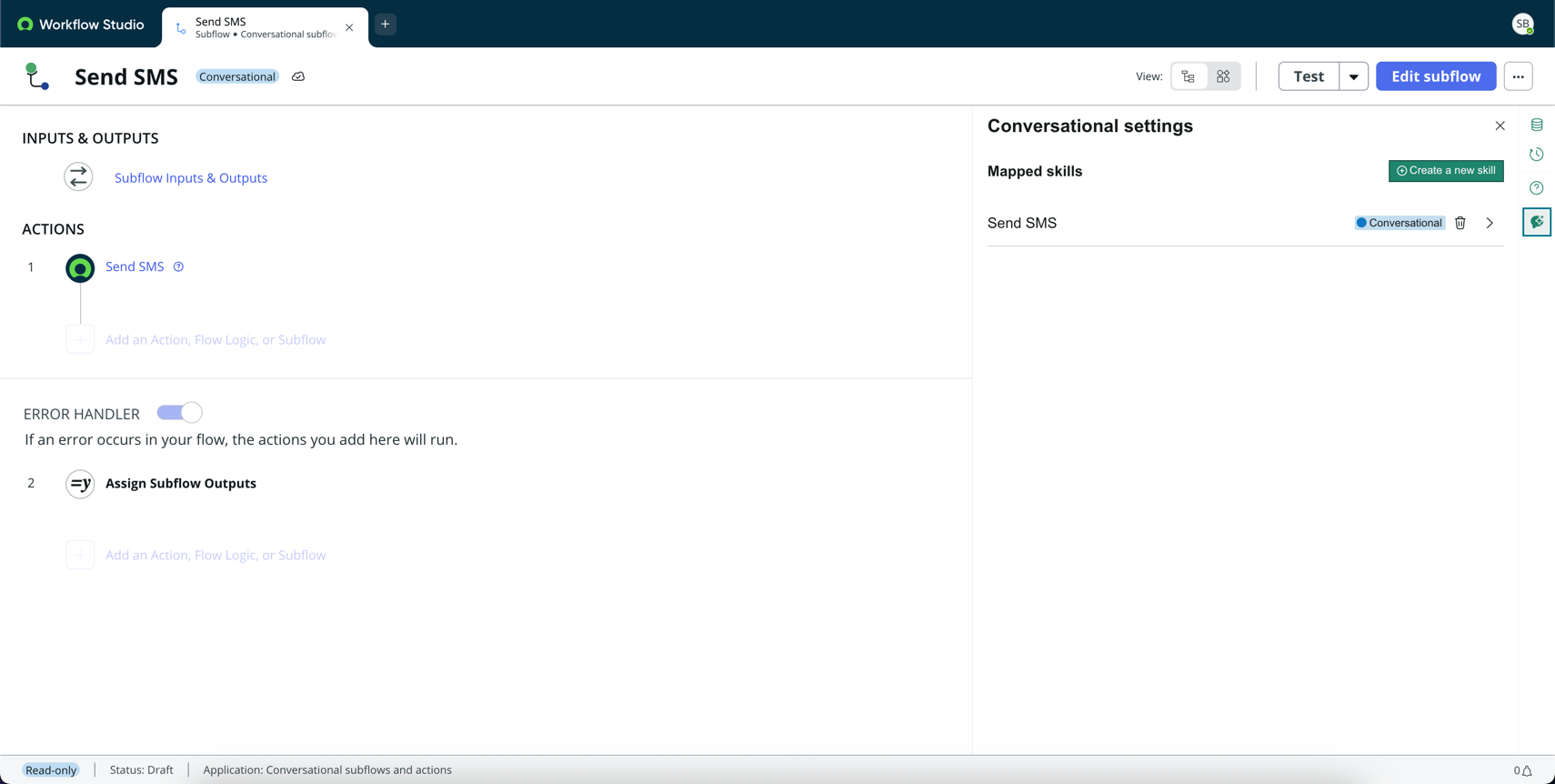 Opção para acessar as configurações de subfluxo de conversa.