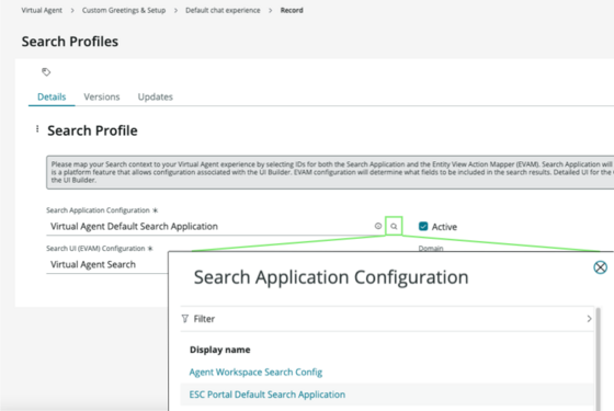 Formulaire de profil de recherche affichant les configurations de l’application de recherche pour l’expérience de messagerie instantanée par défaut.