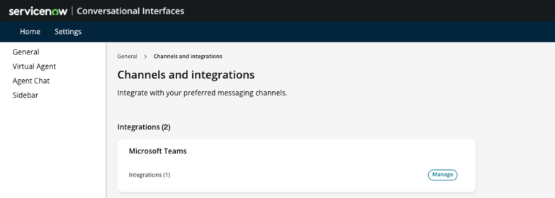Interfaces conversationnelles Canaux et intégrations Paramètres généraux Portail affichant le bouton GérerMicrosoft Teams.