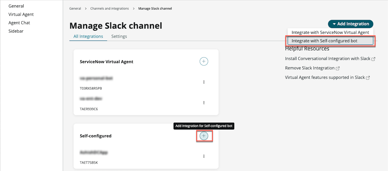 Gérer la vue des canaux Slack dans les réglages généraux d’Interfaces conversationnelles. Le bouton Ajouter une intégration pour le bot autoconfiguré et l’option Intégrer au bot autoconfiguré dans la liste déroulante Ajouter une intégration sont mis en surbrillance.