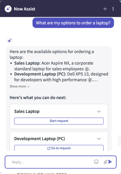 Summary of the laptop options along with catalog options to either Go to request or Start request in the Virtual Agent.