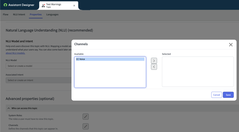 The Topic Properties page displaying the Channels support field under Advanced properties, along with the Channels pop-up.