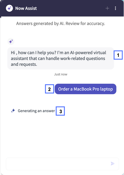 Now Assist greeting in the Virtual Agent chat widget. The user entered "new email."