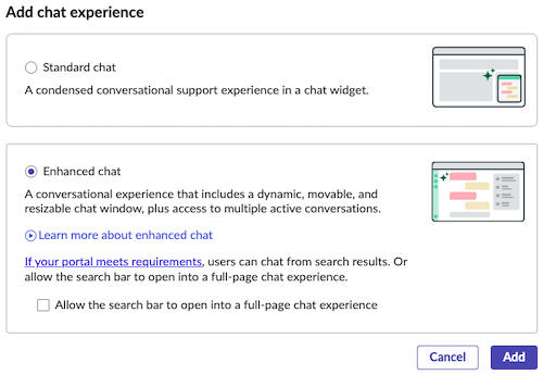 Select between standard chat or enhanced chat for your portal.