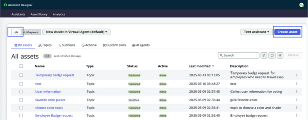 Assistant Designer Asset library page for Virtual Agent Designer withLLM topic discovery type andCreate asset button highlighted.