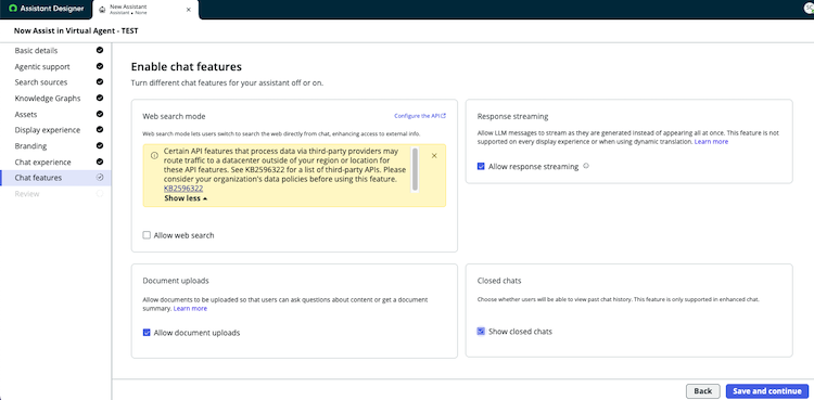 Turn different chat features for your assistant on or off.