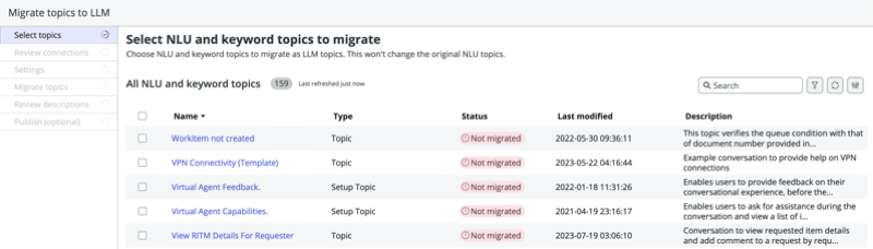Select topics step of the topic migration workflow enables you to select topics that you want to migrate from NLU and keyword topics to become new LLM topics.