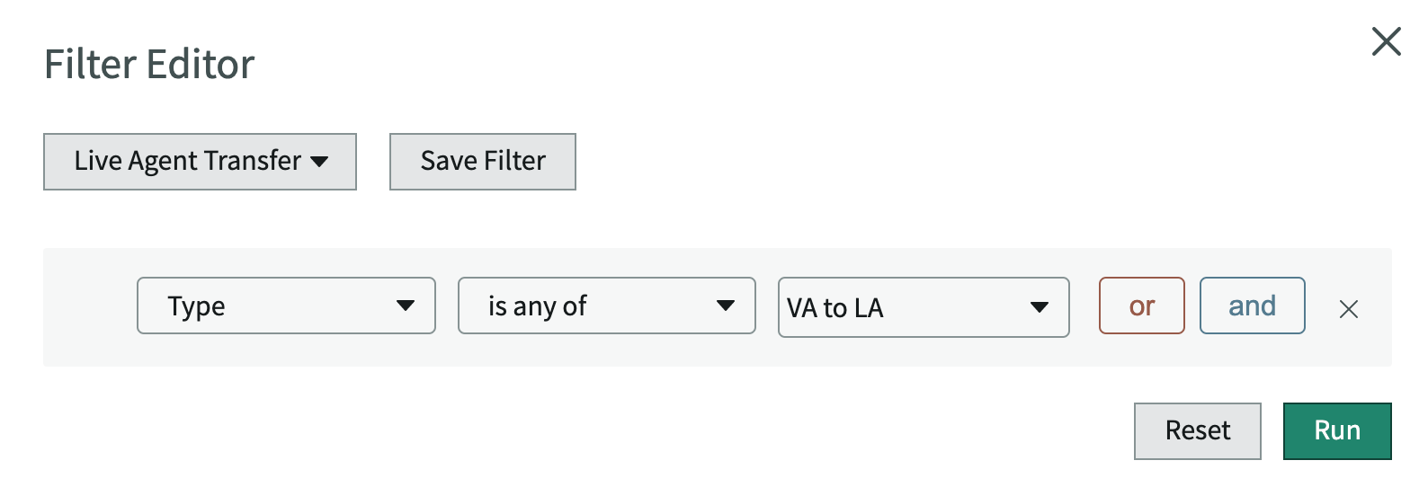Conversation filter editor showing "Type is any of VA to LA".