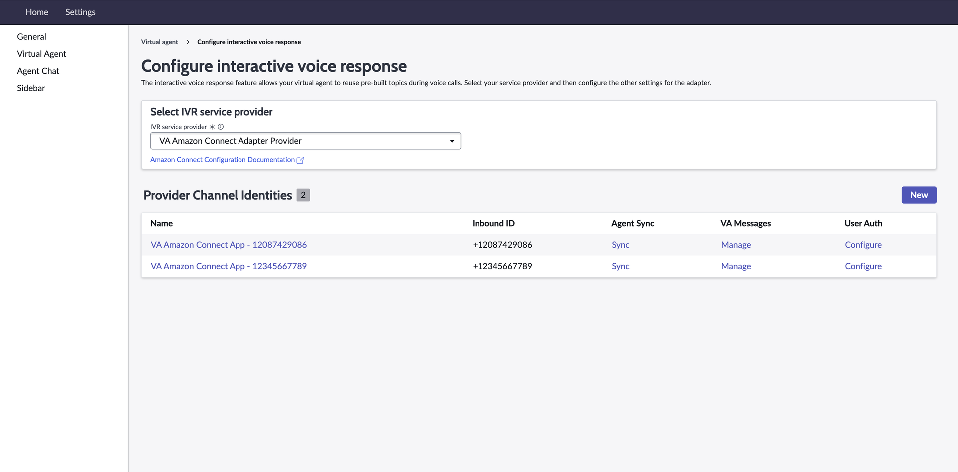 Selecting the VA Amazon Connect Service Provider for configuring interactive voice response.