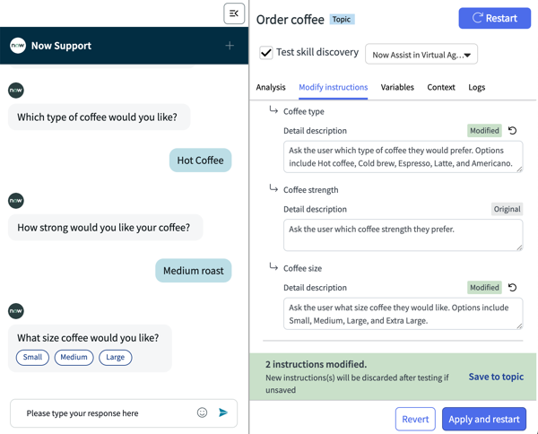 Modify instructions tab with Modified instruction and Save to Topic updates.