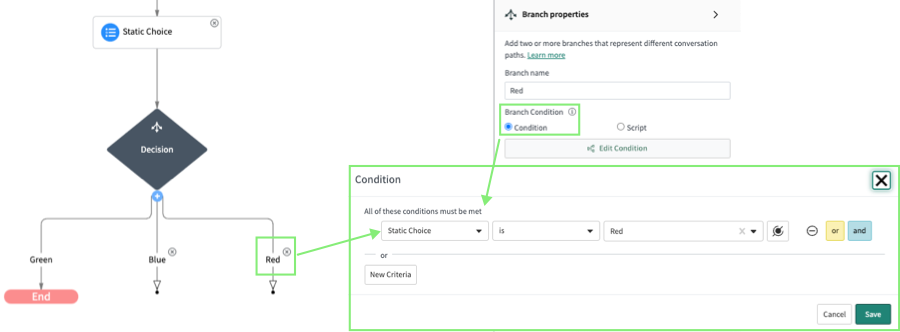 Decision utility with three branches and highlighted corresponding condition defined property for the Red branch.