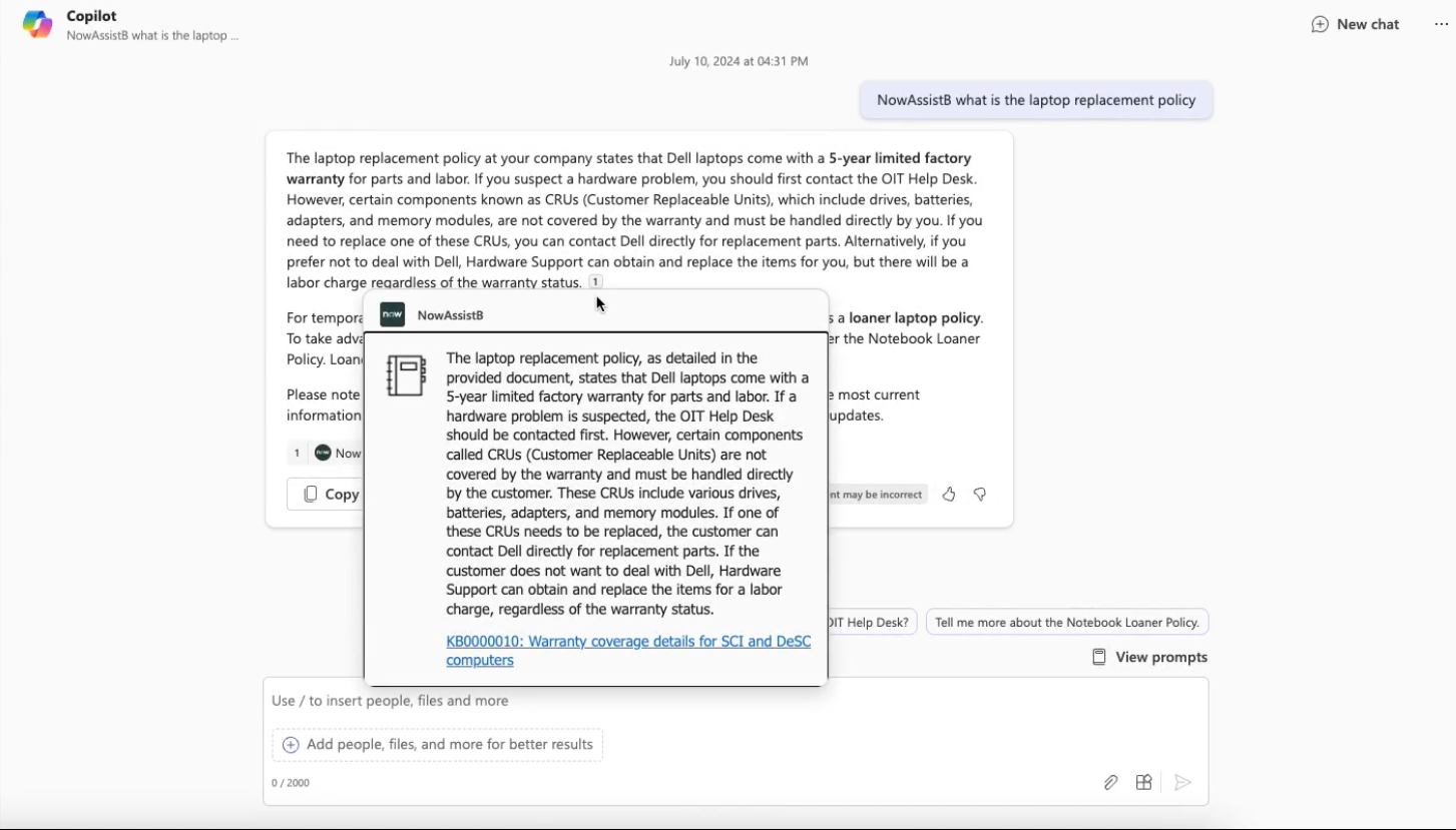 Microsoft Copilot, providing the Knowledge Base article in response to the questions asked.