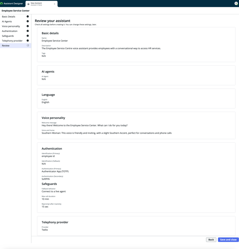 Review configuration page for voice assistants