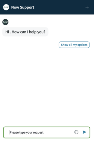 Virtual Agent chat window with Show all my options button.