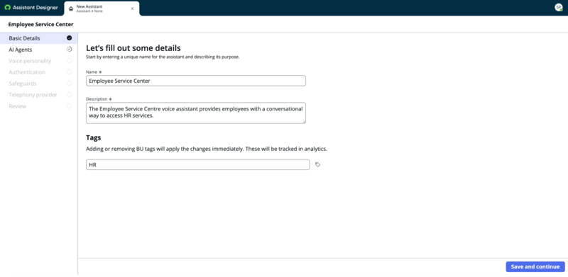 Basic details form for creating voice assistant