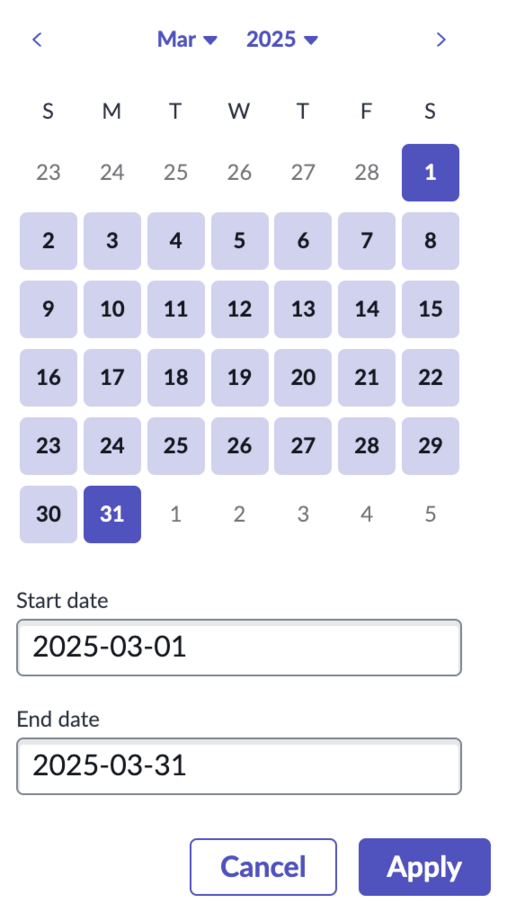 Calendar showing highlighted start-to-end dates.