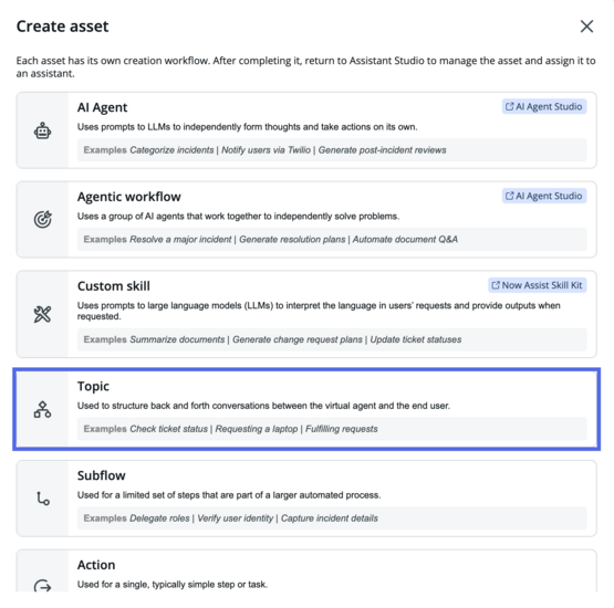Create asset window with Topic selection highlighted.