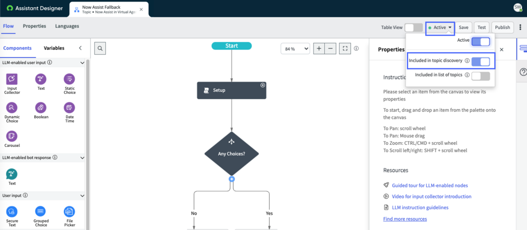 Virtual Agent Designer Now Assist Fallback screen.