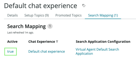 Default chat experience dialog box set to Search Mapping tab, with Boolean value of true highlighted in Active column.