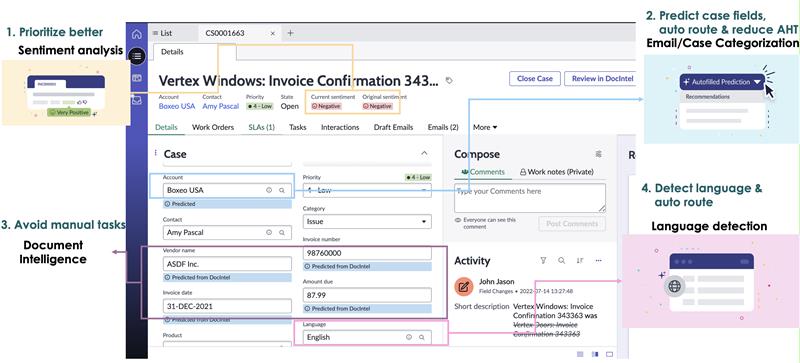 Fallformular mit hervorgehobenen Task Intelligence-Funktionen, die Routineaufgaben während des gesamten Falllebenszyklus automatisieren. Die Textbeschreibung finden Sie in der Tabelle mit den Funktionen von Task Intelligence für Customer Service.