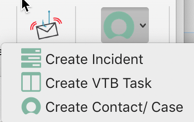 Über das ServiceNow for CSM/ITSM-Add-in-Symbol können Sie Incidents, VTB-Aufgaben oder Kontakte erstellen.