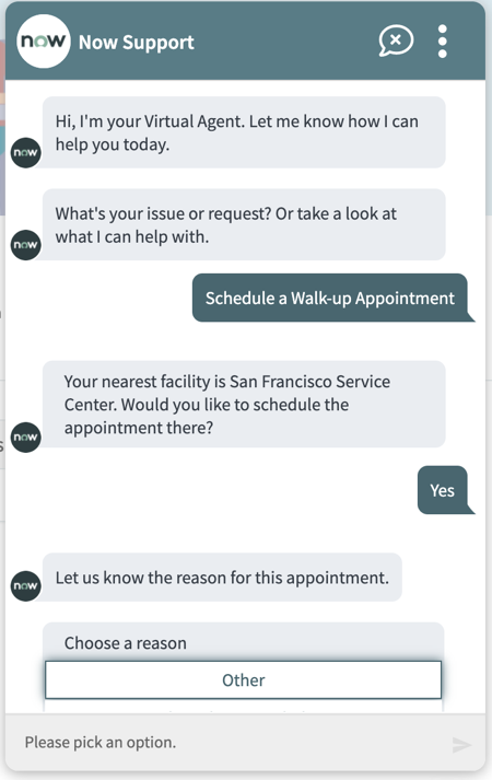 Chatfenster von Virtual Agent, in dem der Benutzer einen Grund für den Termin auswählt.
